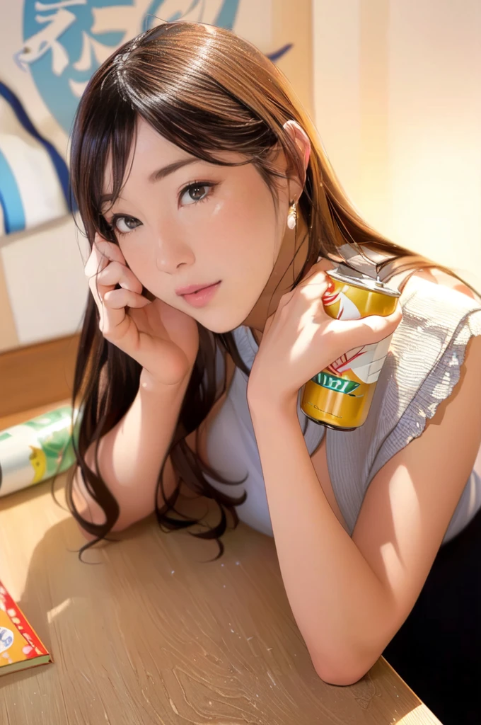 Asian woman in Alafif sitting at table with drink and book, realistic   YOUNG GRAVURE IDOL  ,  young skinny swimsuit gravure idol,  young sensual gravure idol,  young cute gravure idol ,   YOUNG GRAVURE IDOL  ,  young Japanese girl,  Anime Girl Drinking Energy Drink , Chiho, Ayami, Young Japanese Beauty , aoshima Chiho