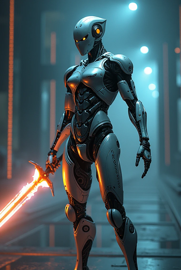 a uncanny feminine robot , highly skinny,long arms,long legs,big shoulder, beautiful glowing robotic eyes,full body,liquid reflecting metal and polished weird humanoid body, glossy metallic skin, advanced machinery alien parts, dynamic pose, dramatic lighting, landscape background, cinematic composition, 8k, high resolution, masterpiece