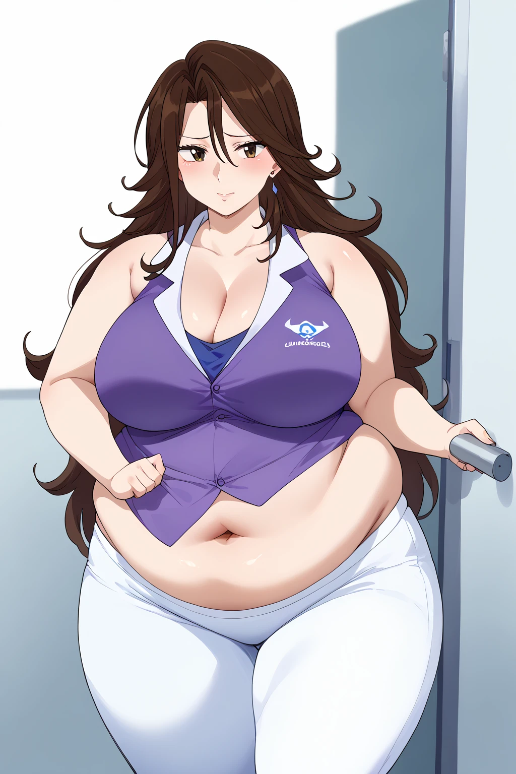  Sumeragi Lee Noriega ,  Sumeragi Lee Noriega ,blue-purple shirt, sleeveless ,White trousers,Obese middle-aged woman, troubled expression, embarrassing expression ,milf, chubby, score_9,  score_8_ up、 score_7_ up、 score_6_ up、 score_5_ up、 score_4_ up、 masterpieces at the front door of the house、 top quality , very aesthetic,  absurd、 source screen cap ,  one woman、Alone、 personal  、 brown eyes、 brown hair 、 long hair、Super huge breasts,  super huge clevis、Super huge, Super huge boob,Curvy、 wide hips、 