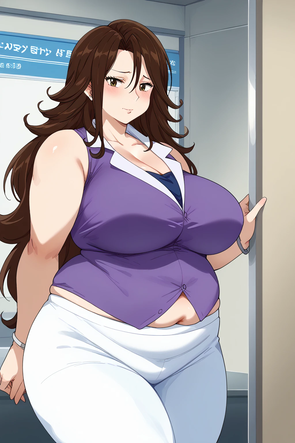  Sumeragi Lee Noriega ,  Sumeragi Lee Noriega ,blue-purple shirt, sleeveless ,White trousers,Obese middle-aged woman, troubled expression, embarrassing expression ,milf, chubby, score_9,  score_8_ up、 score_7_ up、 score_6_ up、 score_5_ up、 score_4_ up、 masterpieces at the front door of the house、 top quality , very aesthetic,  absurd、 source screen cap ,  one woman、Alone、 personal  、 brown eyes、 brown hair 、 long hair、Super huge breasts,  super huge clevis、Super huge, Super huge boob,Curvy、 wide hips、 