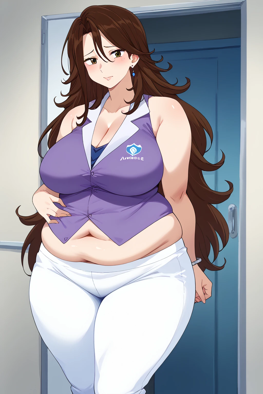  Sumeragi Lee Noriega ,  Sumeragi Lee Noriega ,blue-purple shirt, sleeveless ,White trousers,Obese middle-aged woman, troubled expression, embarrassing expression ,milf, chubby, score_9,  score_8_ up、 score_7_ up、 score_6_ up、 score_5_ up、 score_4_ up、 masterpieces at the front door of the house、 top quality , very aesthetic,  absurd、 source screen cap ,  one woman、Alone、 personal  、 brown eyes、 brown hair 、 long hair、Super huge breasts,  super huge clevis、Super huge, Super huge boob,Curvy、 wide hips、 