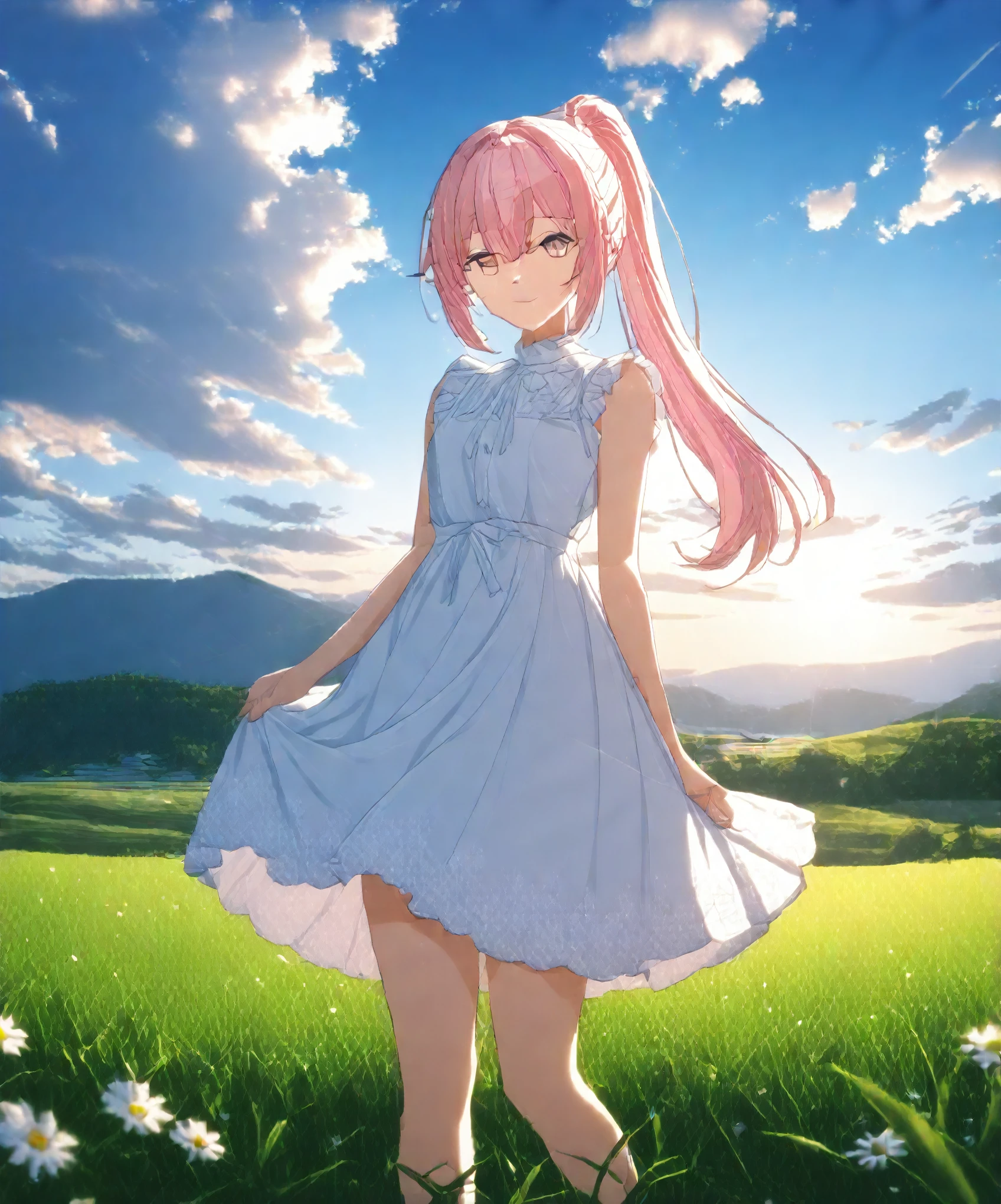 1girl, solo, Pink Shine Bright Hair, hair between eyes, Long hair, (ponytail), aesthetic detailed eyes, (Pink shiny Bright Eyes), bright pink eyes, (pale cheeks), (skin colored cheeks), Mesmerise, Little smile, closed mouth, (half body, cowboy shot), BREAK
(white summer dress, knee-length dress), BREAK
(outdoors, green grass field, blue sky, white clouds, sunny), BREAK
HDR, 8K, masterpiece, best quality, amazing quality, very aesthetic, high resolution, ultra-detailed, absurdres, newest, scenery,
masterpiece, scenery, aesthetic detailed background, best quality, game cg aesthetics, sharp focus, sharp details, beautiful detailed eyes, detailed skin, detailed hair, light particles, photo background, depth of field,
(masterpiece), best quality, ultra-detailed, 1024k UHD wallpaper, ultra-high resolution, depth of field, HDR, Ray tracing, RTX, high saturation, photon mapping, best texture quality, best compotitions, (extremely detailed CG 1024k wallpaper), High Details, Detailed face, Detailed Clothes, Ultra HD Photo, Perfect Face, expressive eyes, pale cheeks