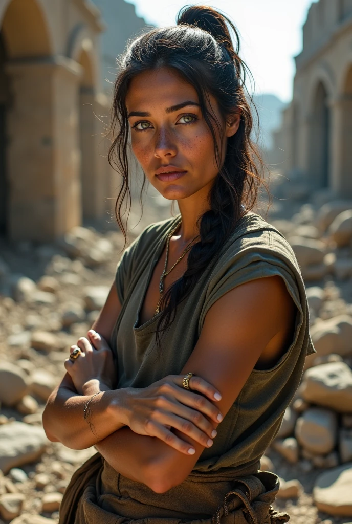 <lora:roxannemckee:0.9> roxannemckee, , BARBARIAN COSTUME, ancient RUINS IN THE DESERT BACKGROUND, sand, steppe, (DOTHRAKI:0.3), medium shot, clothed, linen medieval turtleneck