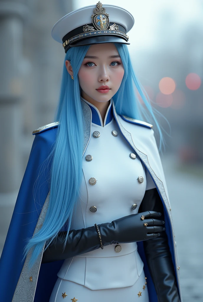 <lora:helmV1:0.65>, (helm:1.3), ulzzang-6500-v1.1, pureerosface_v1, best quality, masterpiece, illustration, (realistic, photo-realistic:1.37), amazing, finely detail, incredibly absurdres, huge filesize, ultra-detailed, highres, extremely detailed CG unity 8k wallpaper, beautiful detailed girl, extremely detailed eyes and face, beautiful detailed eyes, ray tracing, heavy breathing, blush, torogao, orgasm, embarrassed, drunk, fucked silly, naughty face, nude, nsfw,, ulzzang-6500-v1.1, pureerosface_v1, best quality, masterpiece, illustration, (realistic, photo-realistic:1.37), amazing, finely detail, incredibly absurdres, huge filesize, ultra-detailed, highres, extremely detailed CG unity 8k wallpaper, beautiful detailed girl, extremely detailed eyes and face, beautiful detailed eyes, ray tracing, heavy breathing, blush, torogao, orgasm, embarrassed, drunk, fucked silly, naughty face, nsfw, 1girl, blue eyes, blue hair, long hair, bangs, hair intakes, military hat, hairband, military uniform, buttons, aiguillette, epaulettes, white coat, armband, white belt, white gloves, white shorts, high heels, Amidst the chaos of the battleship deck, a fearless young woman stands undeterred. Behind her, the deafening roar of cannons reverberates through the air as fiery projectiles streak across the sky. Thick plumes of smoke billow from the ship's guns, adding to the sense of impending danger. Undeterred by the tumultuous scene, she stands resolute, her eyes fixed on the horizon, ready to face whatever challenges lie ahead. Her military attire clings to her form, accentuating her strength and determination. In her hands, she wields a formidable weapon, its barrel glowing with restrained power. Amidst the swirling chaos, she remains the epitome of calm and unwavering resolve, a beacon of hope amidst the tempestuous storm.