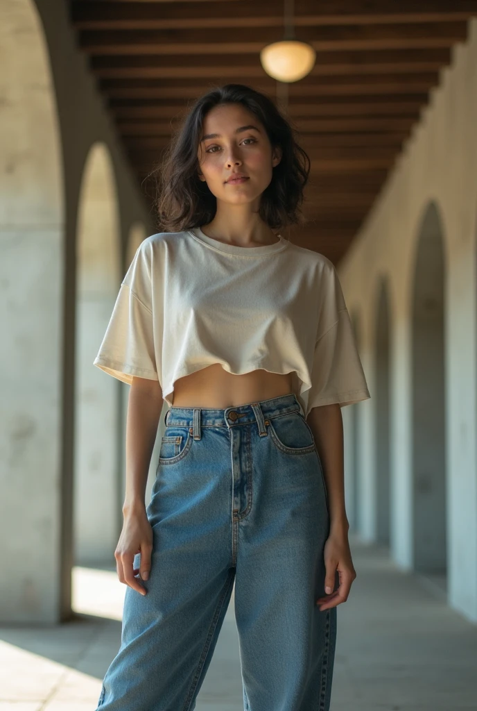 Japanese、15 year old beautiful girl、Knitted blouse、No bra、See through、Nipples、short hair、Denim pants