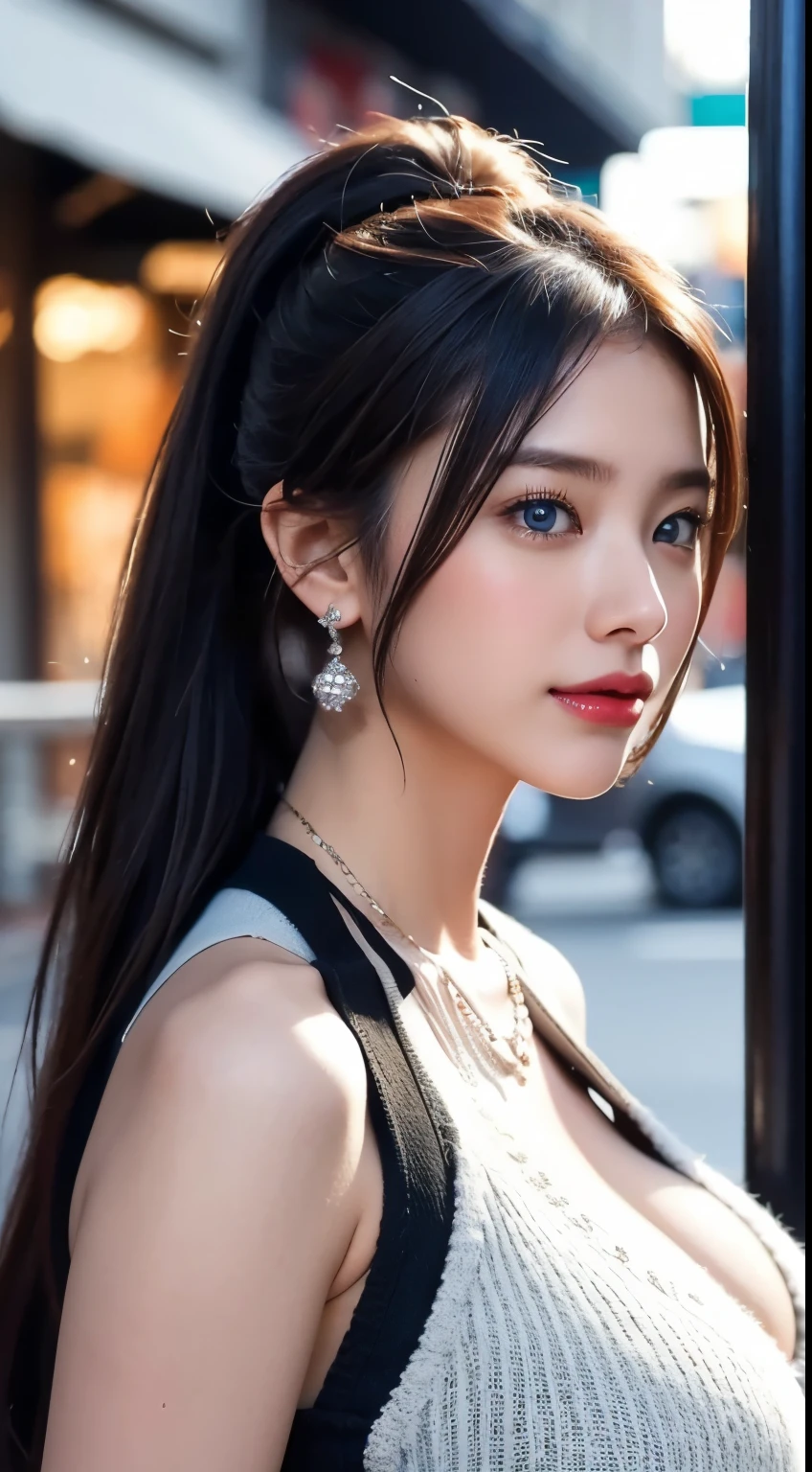 Urban beautiful girl college student, masterpiece, light makeup, Red lips, Silver Hair, Disheveled long hair, Street background, beautiful, elegant. Extremely fine detail, Master Works, Authentic texture, Realism in film lighting, Perfect job, 16k, hd, exquisite features,blue eyes、Japanese Idols、Beautiful face、Cute Smile、brown hair、beautiful hair、ponytail、glamorous、 Big Breasts、Erect nipples、Greasy muscle、Shiny skin、Sunburned skin、Shining black skin、Sexy knitted sweaters, Bright big eyes, Smooth skin, Earrings, necklace, tattoo、show off nipples under white shirt
