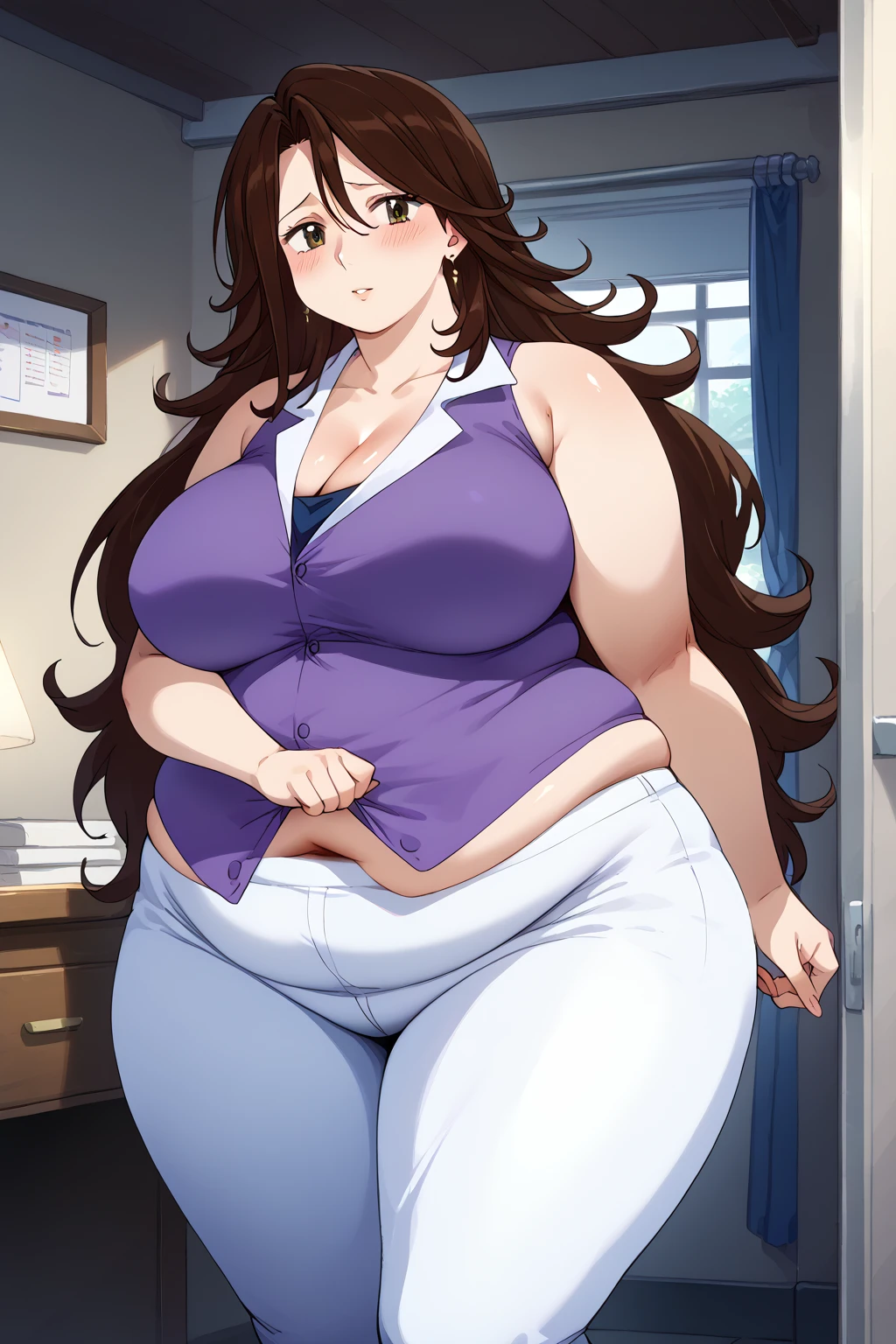  Sumeragi Lee Noriega ,  Sumeragi Lee Noriega ,blue-purple shirt, sleeveless ,White trousers,Obese middle-aged woman, troubled expression, embarrassing expression ,milf, chubby, score_9,  score_8_ up、 score_7_ up、 score_6_ up、 score_5_ up、 score_4_ up、 masterpieces at the front door of the house、 top quality , very aesthetic,  absurd、 source screen cap ,  one woman、Alone、 personal  、 brown eyes、 brown hair 、 long hair、Super huge breasts,  super huge clevis、Super huge, Super huge boob,Curvy、 wide hips、 