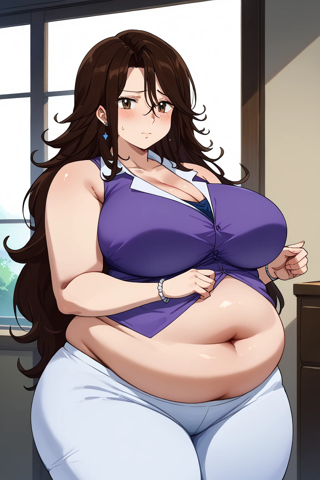  Sumeragi Lee Noriega ,  Sumeragi Lee Noriega ,blue-purple shirt, sleeveless ,White trousers,Obese middle-aged woman, troubled expression, embarrassing expression ,milf, chubby, score_9,  score_8_ up、 score_7_ up、 score_6_ up、 score_5_ up、 score_4_ up、 masterpieces at the front door of the house、 top quality , very aesthetic,  absurd、 source screen cap ,  one woman、Alone、 personal  、 brown eyes、 brown hair 、 long hair、Super huge breasts,  super huge clevis、Super huge, Super huge boob,Curvy、 wide hips、 