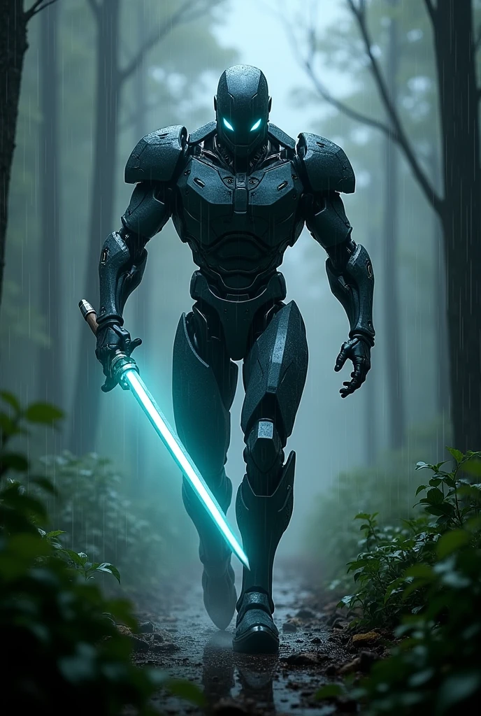 detailed android using glowing sword, he hunting viewer, here he come, rainy night, in forest, strong back light,