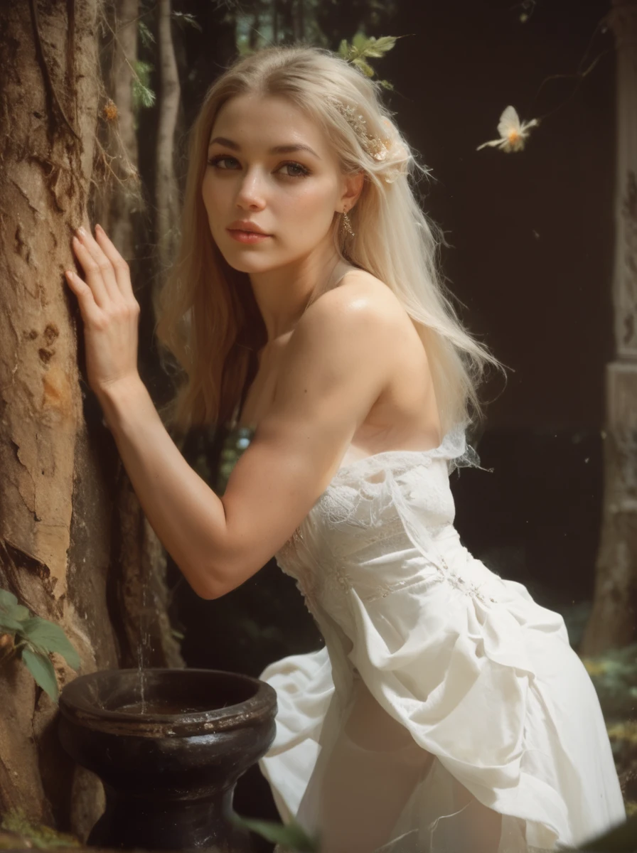 Editorial style photo, middle ground, off center, 40 year old European fairy woman, fairy fairy, fantasy, light summer pink rich dress, holding magic beautiful wand, blonde hair, green eyes, very beautiful face, natural facial skin texture, smooth, with a slight shine, beautiful female hands, next to a giant fairy flower, detail, looking at the camera, blooming garden, peacemaker, color palette, sunny day, summer day, natural light, Fujifilm, elegant, studio professional, 64k,--uplight,--chaos--q--ar16: 9, Leica Q2 camera, Vasnetsov, delicate tones