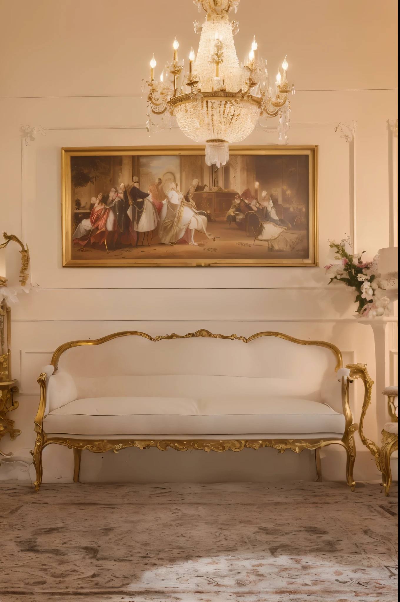 there is a couch and a chair in a room with a chandelier, lavish rococo baroque setting, luxury furniture, elegant baroque, white elegant baroque design, classicism artstyle, baroque style painting backdrop, elegant furniture, baroque style, rococo style, baroque style painting, ivory rococo, inlaid with gold rococo, rococo and art nouveau, (ultra realistic), more detail, add grain, take by canon