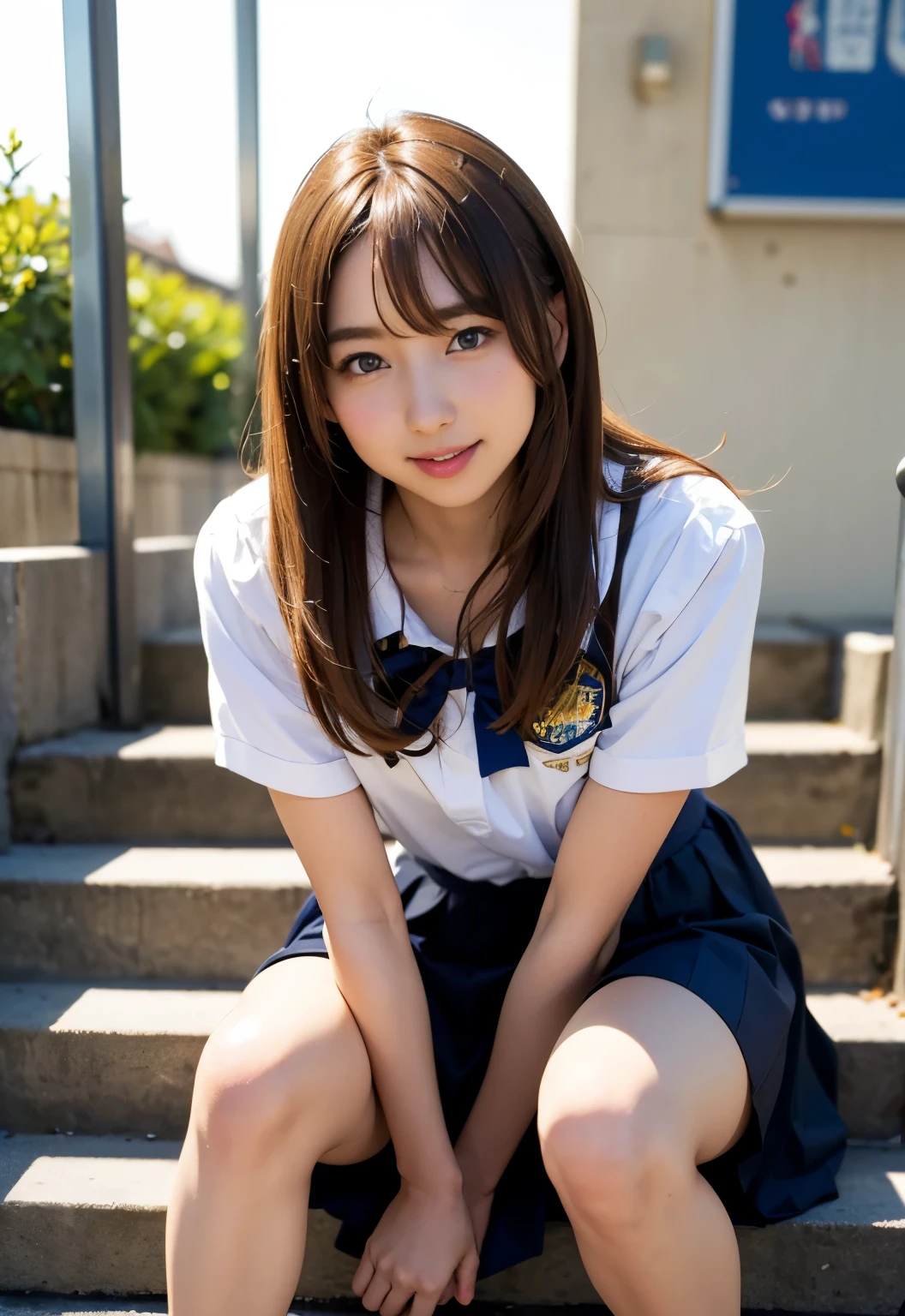 teens girl(​masterpiece:1.4)、(8K、realisitic、Raw photo、top-quality:1.4)、japanes、((Elementary school girl:1.3)), (1girl in)、beauitful face、(Real Face:1.4)、(Caramel hair、long:1.3)、Beautiful hairstyle、realisticeyes、Beautiful Detail Eye、(Real Skin:1.3)、Beautiful skin、enticing、超A high resolution、A hyper-realistic、high-detail、the golden ratio、High School Girl Uniform Skirt、Pubic area visible、sit on stairs、((Bend your knees and open your legs))、frontage