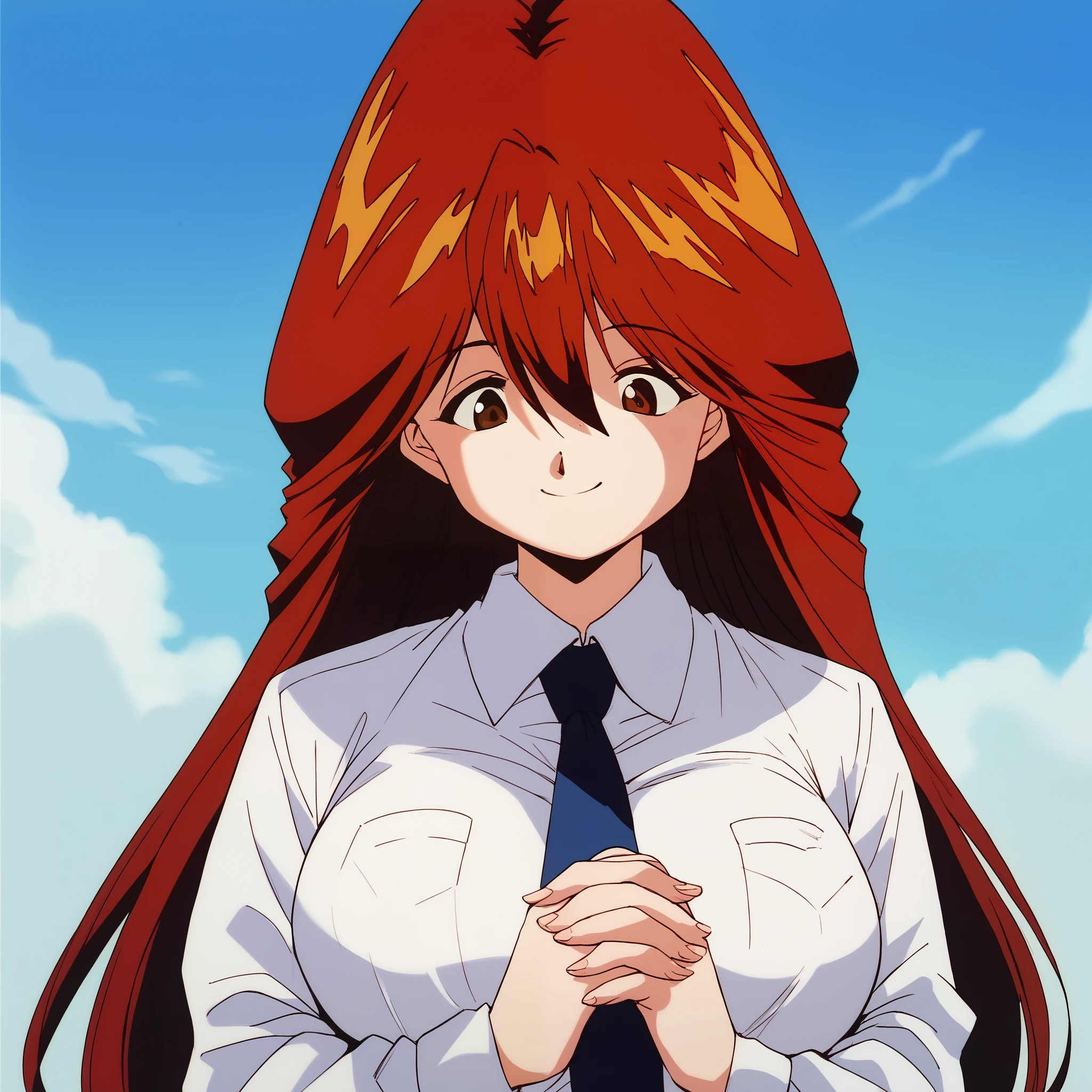 score_9, score_8_up, score_7_up, source_anime, rating_explicit, BREAK  KawaiIyona, long hair, brown hair, brown eyes, bangs, red hair, large breasts, hair between eyes,
solo, long sleeves, smile,  necktie, shirt, looking down, own hands together, upper body, white shirt
1990s (style),
day, outdoor, sky,