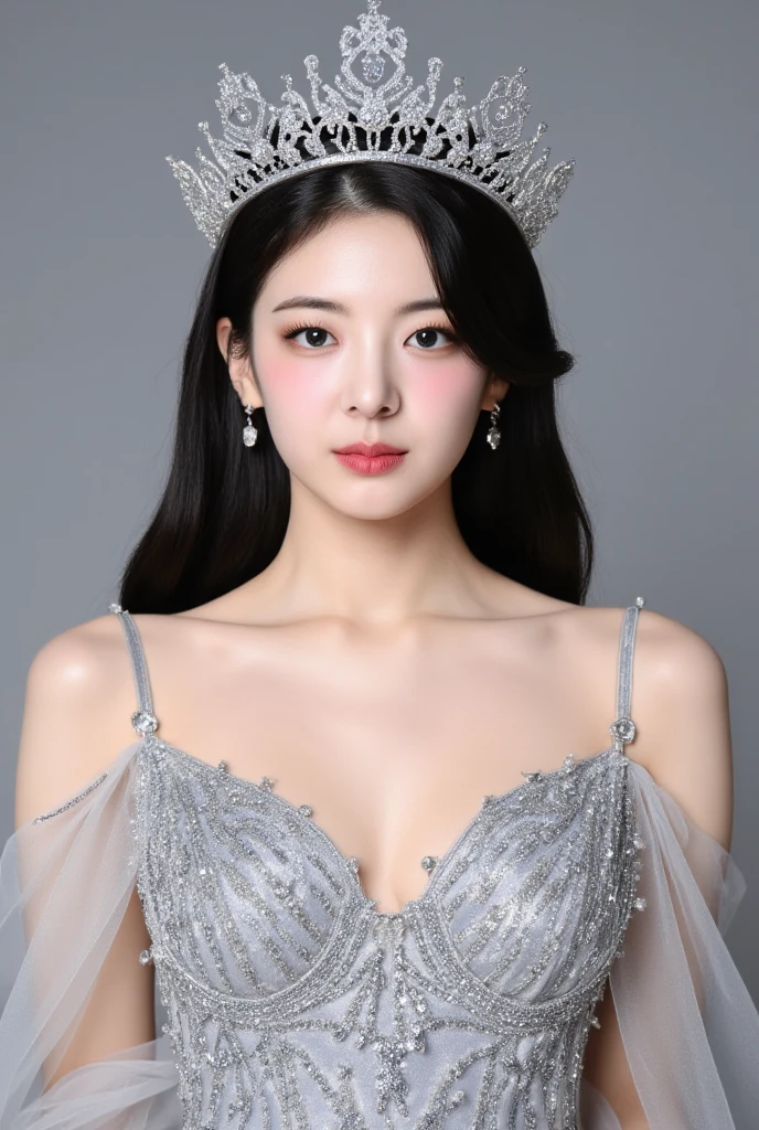 (highest quality、table top、8K、best image quality、Award-winning work)、(1 personのヌードのお姫様:1.1)、Shining beautiful skin、Shining ultra-high definition skin、(accurate anatomy:1.2)、(The most luxurious and highest quality giant princess tiara:1.4)、(The most luxurious and highest quality giant necklace:1.4)、(Wear transparent lace on your head:1.1)、A gentle smile looking at me、(Nude photos from the chest up:1.3)、(close up of nude face:1.25)、Standing gracefully、(Blurry pure white background:1.5)、portrait photography、(very bright and vivid:1.1)、very romantic、光を受けてShining beautiful skin、(very bright and refreshing:1.1)、(the most detailed and perfect face:1.1)、(most detailed glowing eyes:1.1)、(Super high-definition beautiful skin with beautiful luster and moisture:1.1)、(the most natural beautiful cheeks:1.1)、(1 person:1.1)、(solo:1.1)、ultra high definition hair、Ultra High Definition Face、Ultra-high-definition eyes