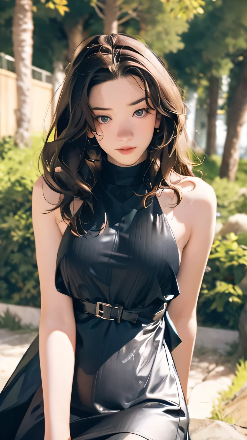 ((((highest quality))))、(((Ultra-precision CG16K wallpaper)))、(((masterpiece)))、(((Super detailed)))、(((Extreme detail)))、((1Mature 29 year old woman:1.6))、((Very beautiful Japanese faces))、((vegetable々Introduction:1.5))、((Soft wavy long ponytail hair、blunt bangs:1.5))、(Shiny brown hair)、Beautiful delicate eyes、Brown Eyes、eyeliner、Eyeshadow、High nose、Small nostrils、Small Mouth、Seductive lips、Beautiful breasts、((C cup size breasts))、Beautiful feet、eight-headed body、Perfect proportions、Perfect Anatomy、Perfect composition、Beautiful detailed shading、Beautiful, natural lighting、Beautiful detail glow、Depth of written boundary、(((High chroma)))、(((Real:1.9)))、((vivid:1.5))、((Beautiful Skin))、((Skin Texture))、((Realな皮膚感))、(((Cowboy Shot:1.6)))、((front view、shoot from front、Front low angle:1.6))、(((smile:1.6)))、((The woman is looking at this、looking at viewer、Facing forward:1.6))、Bright daylight、Natural light、(((Grass Square、Trees:1.4)))、(Gravure idol pose:1.6)、(((Moss green high neck sleeveless lace ribbed knit leotard:1.6)))、((Scrunchie Ribbon、Wearing earrings:1.5))、((Knee socks clothing:1.5))、