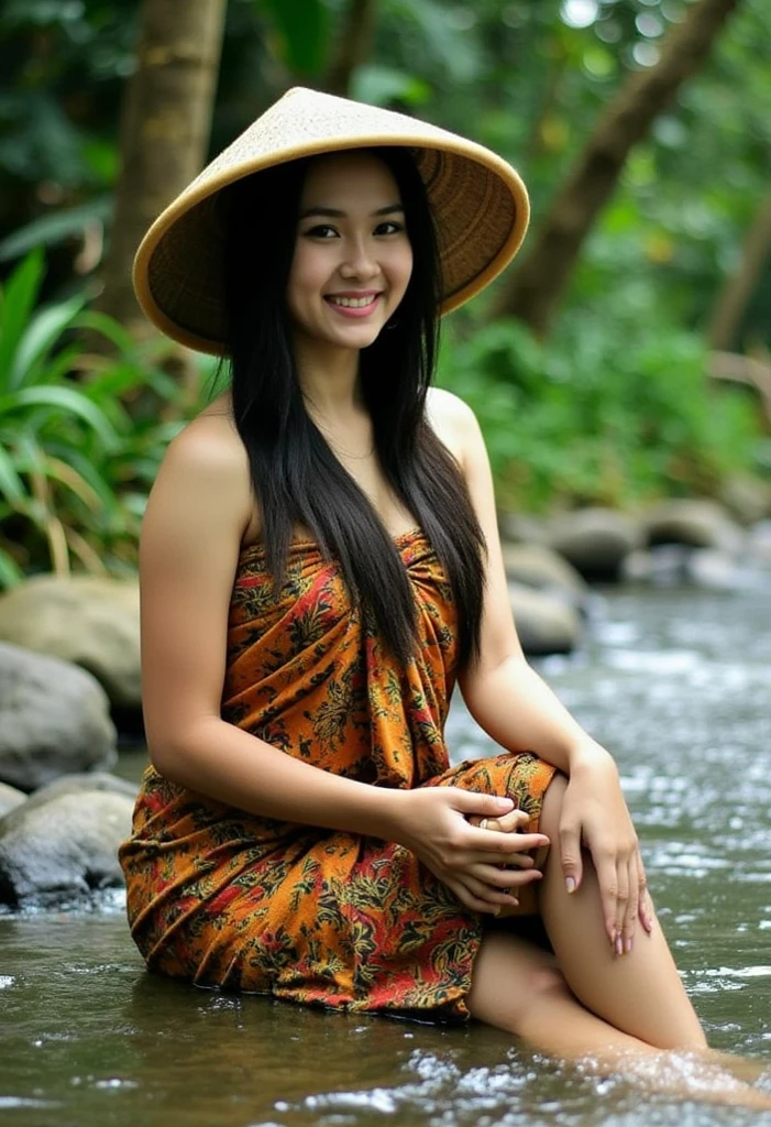 (masterpiece, best quality:1.2), 1girl, solo, sarong_dress, ((2)), Photo of Pretty Indonesian woman, ponytail, river, sitting, wearing hat, holding the container, Breasts, Breasts, 