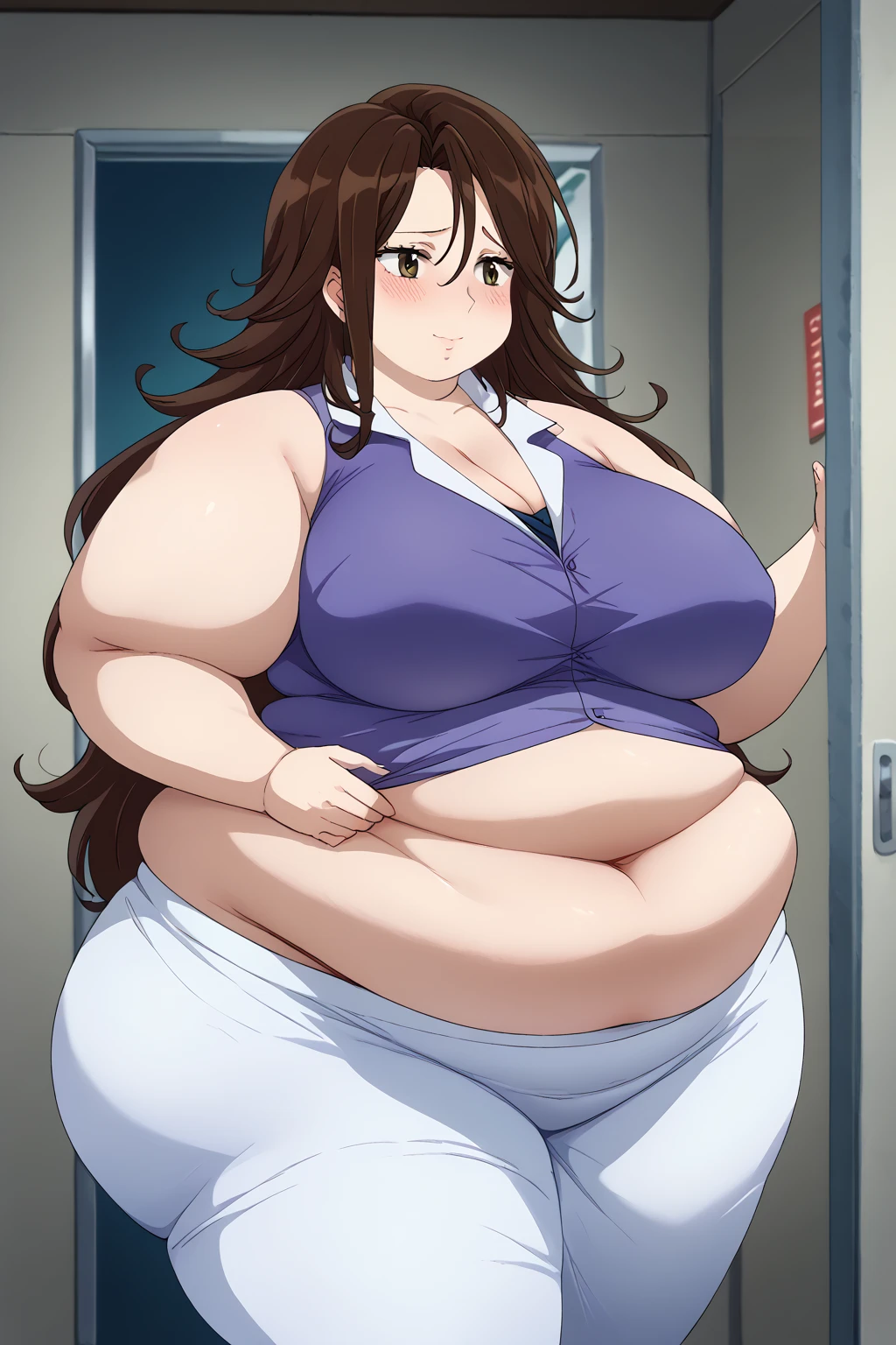  Sumeragi Lee Noriega ,  Sumeragi Lee Noriega ,blue-purple shirt close to blue, sleeveless ,White trousers,Exposed navel,Obese middle-aged woman, troubled expression, embarrassing expression ,milf, chubby, score_9,  score_8_ up、 score_7_ up、 score_6_ up、 score_5_ up、 score_4_ up、 masterpieces at the front door of the house、 top quality , very aesthetic,  absurd、 source screen cap ,  one woman、Alone、 personal  、 brown eyes、 brown hair 、 long hair、Super huge breasts,  super huge clevis、Super huge, Super huge boob,Curvy、 wide hips、 