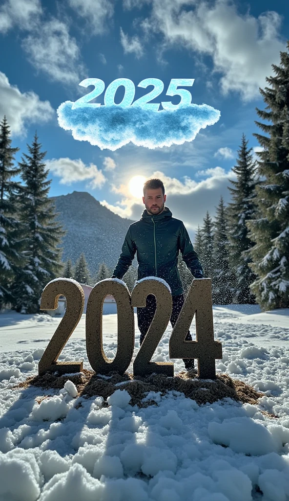 
“A hyper-realistic, cinematic winter scene with the focus on a dramatic close-up of a man’s foot crushing a large 3D number ‘2024’ made of earth, which cracks and shatters under the pressure. The man is standing front-facing, visible in the background with a determined and intense expression, his body slightly blurred to maintain the focus on the action of the foot. The atmosphere is dynamic, with debris flying outward to create a sense of motion. Above, the glowing 3D number ‘2025’ with a cloud-like texture floats in the sky, hinting at his ambition and resolve in the cold, crisp winter air.”