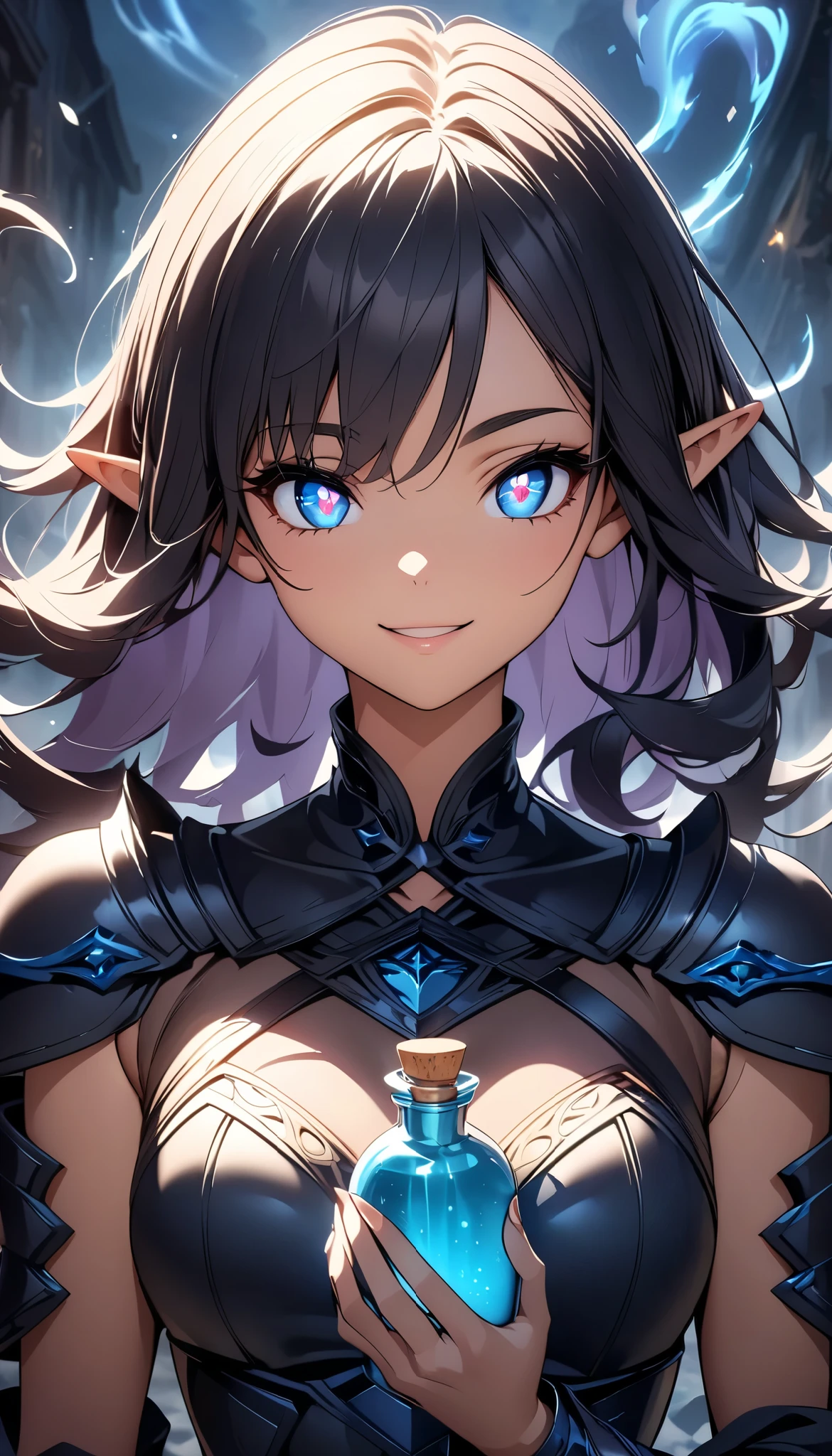 Dark elf woman holding a magic potion bottle,  smiles,  beautiful finely drawn eyes ,  beautiful finely drawn lips ,  very detailed face ,  long elegant fingers ,  intricate dark elf armor ,  decorated pill bottle ,  swirling mystical fog ,  Dramatic Lighting ,  dark fantasy, spotty atmosphere ,  brightly colored ,  cinematic composition,  Anime Style:1.2, Detailed CG illustration, 8k, masterpiece．