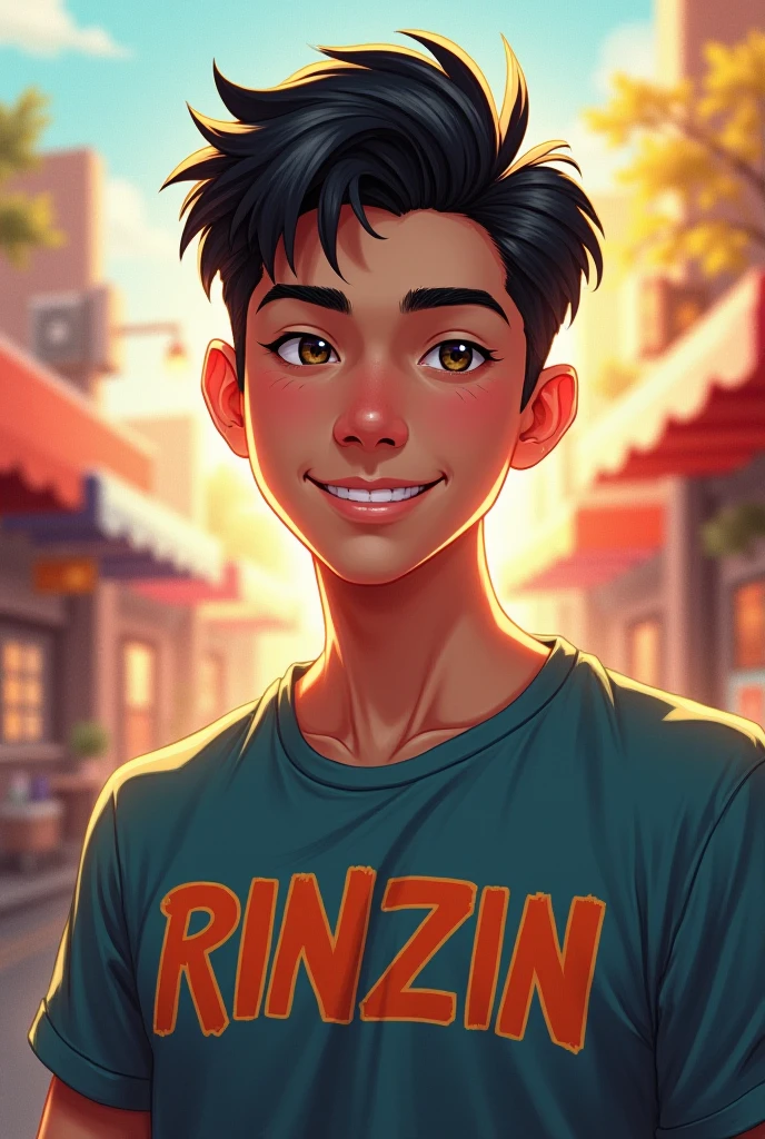 camiseta color negrototalmente ,camiseta totalmete negra y ajustada al cuertpo ultra realista, 16-year-old boy with brown cinnamon skin, cuerpo atletico tonificado cabello liso,masculino serio pensativo observador tiene el dorso desnudo camiseta negra ajustada al cuerpo caminando, sonriendo  por las calles de una moderna ciudad un amigo cernaco se acerca por atras y lo abraza