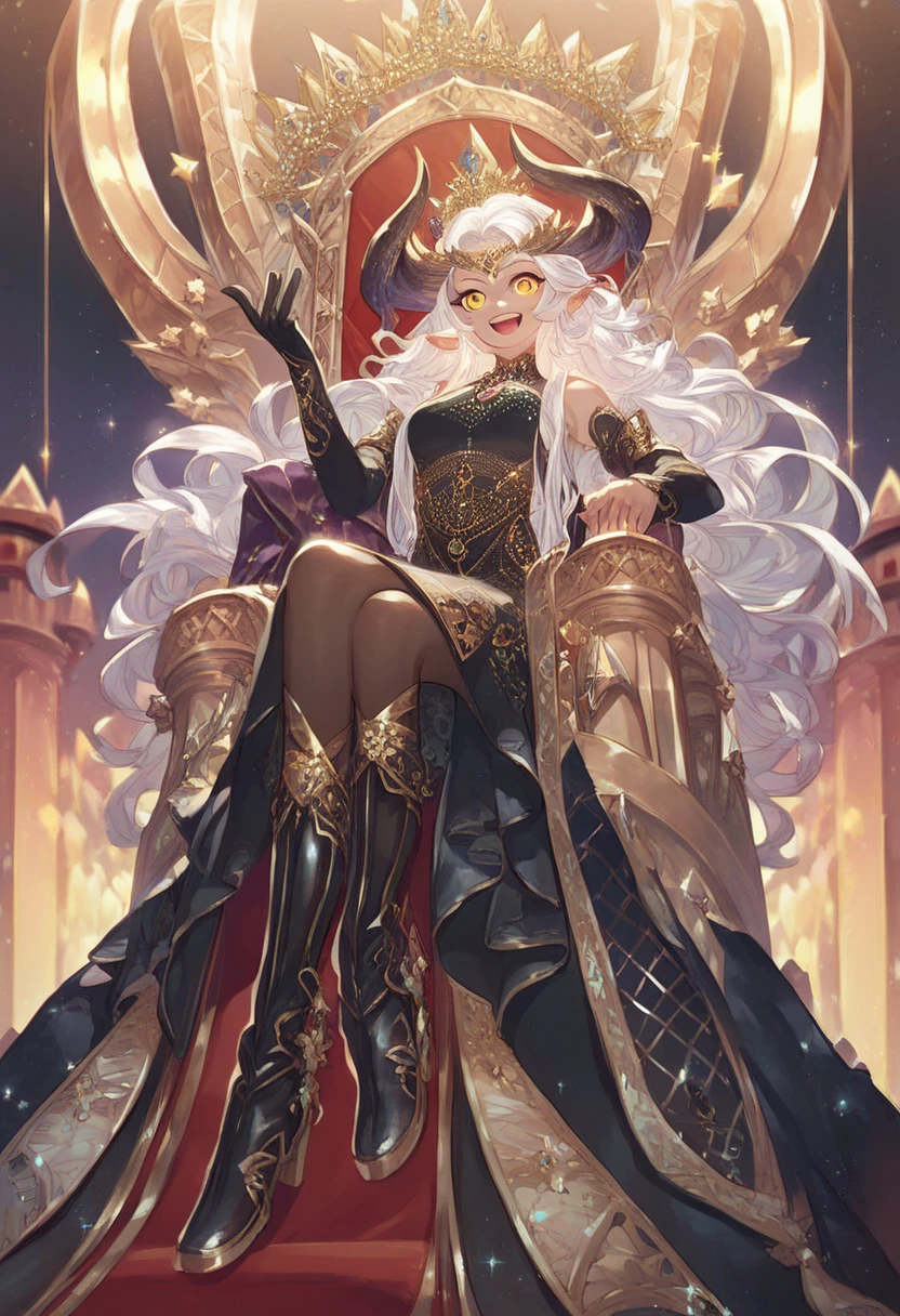 score_9, score_8_up, score_7_up, 1little girl with s,solo,happy face,black and golden long dress,medium tits,white hair,long hair,yellow eyes,elves ears, black small horns,pantyhose,Detailed Long Boots,gold tiara,Luxurious Gold Decoration,(((sitting on a throne inside a castle)))