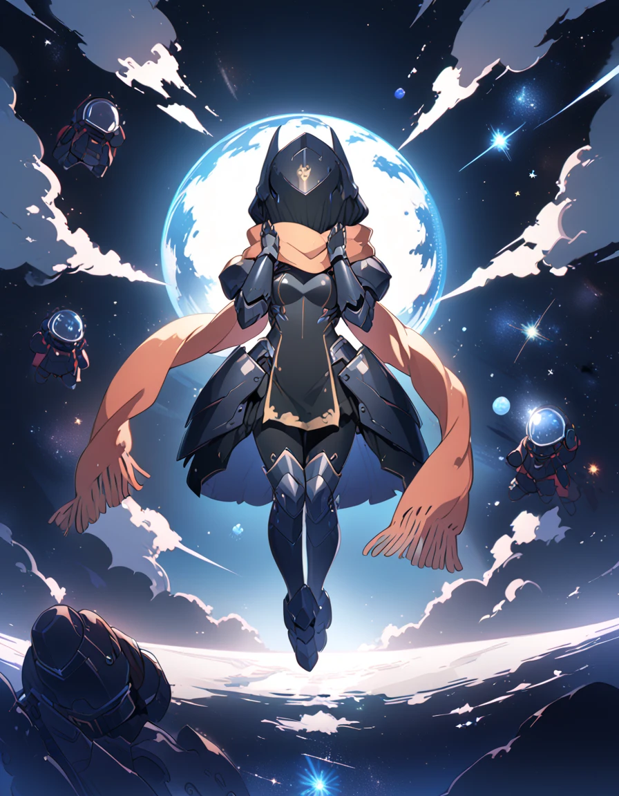 Detailed 8k cute theme , female knight in iron helmet covering her entire face and scarf, wearing black technological armor with outer space in the background ( full body )