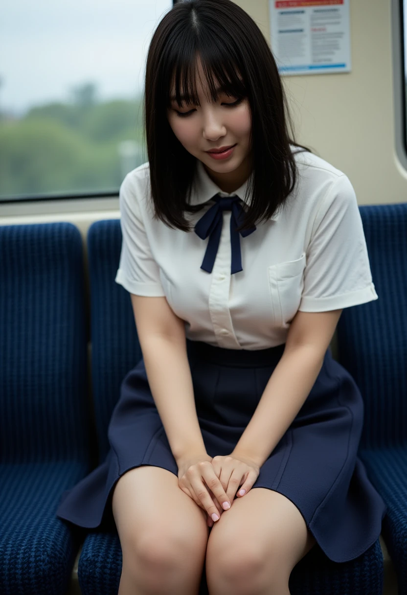 masterpiece, High resolution, Ultra High resolution, 4K, perfect hands,Black bob Hair, Japanese Girls, Navy blue Uniform skirt, White shirt, bow tie, Accentuate your thighs, White thighs, Soft thighs, Shiny thighs, Sitting on a train, Facing angle, Angle from below, Sitting on a train Seat, Sit in front, Zoom camera to hip joint, Put your feet on the train floor, whole body, Looking down and sleepy, Watch only viewers, Highest quality, Ultra High resolution, Realistic, High resolution, detailed, RAW Photos, sharp, Nikon Film Pictures, Images and Stock Photos, Rich lens color, Ultra-realistic and realistic texture, Dramatic lighting, Unreal Engine,