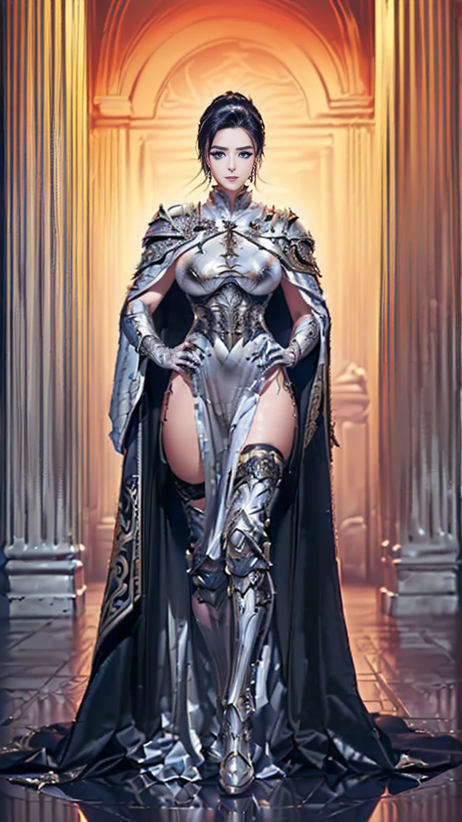 Masterpiece, Highest quality, (full bodyesbian), (High detail:1.1),Dramatic, 1人, (Pale skin), Long braids, white hair, eyes blue, Solo, long whitr hair, Night, White gold armor, Metal heels, Detailed background, Cinematic lighting,
