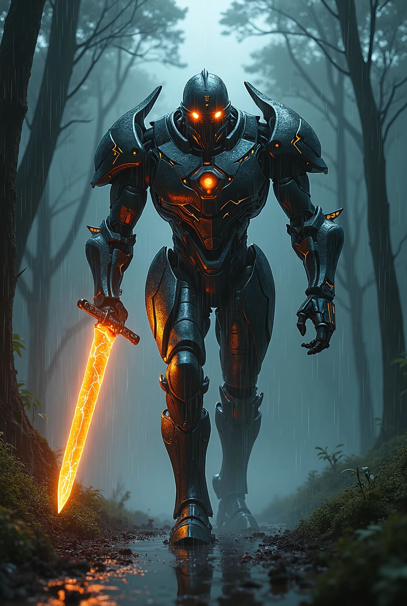 detailed fantsic android knight using glowing sword, he hunting viewer, here he come, electolical metal armor body, rainy night, in forest, strong back light,