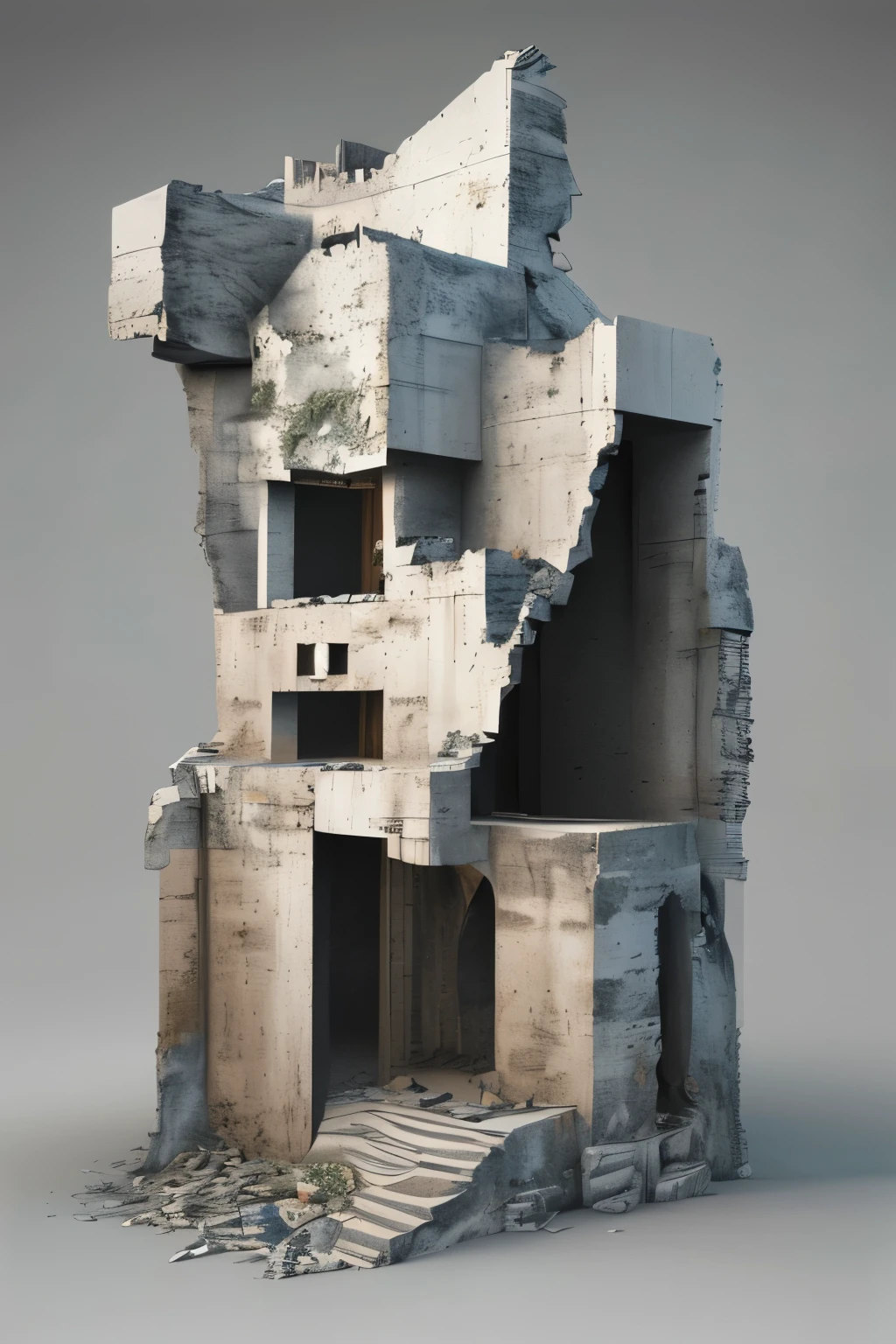   masterpiece  ,   Better quality,landscape,Sculpture,project,  Raymond Duchamp-Villon style , Collapse of a Celtic ruin ,  Create as if it were a full 3D prop rendering  ,   scene on a white background as a 3D rendering of a 3D game development concept reference