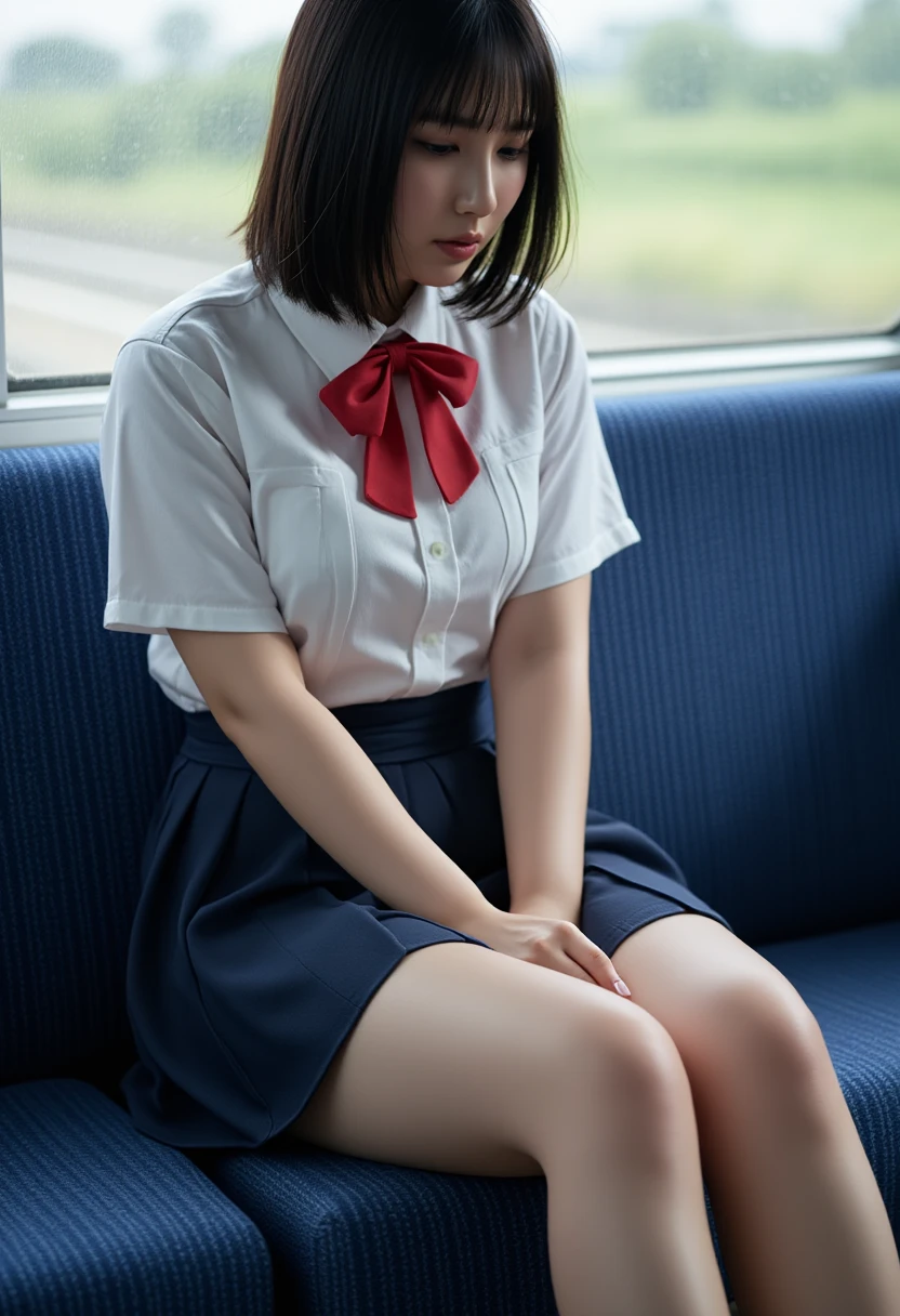 masterpiece, High resolution, Ultra High resolution, 4K, perfect hands,Black bob Hair, Japanese Girls, Navy blue Uniform skirt, White shirt, Red bow tie, Accentuate your thighs, White thighs, Soft thighs, Shiny thighs, Sitting on a train, Facing angle, Angle from below, Sitting on a train Seat, Sit in front, Zoom camera to hip joint, Put your feet on the train floor, whole body, Looking down and sleepy, Watch only viewers, Highest quality, Ultra High resolution, Realistic, High resolution, detailed, RAW Photos, sharp, Nikon Film Pictures, Images and Stock Photos, Rich lens color, Ultra-realistic and realistic texture, Dramatic lighting, Unreal Engine,spread legs