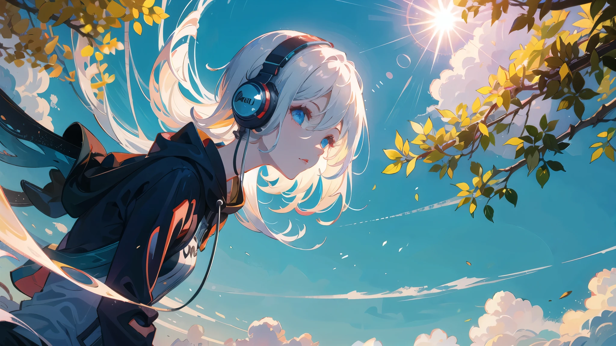 In the wide grassland、A girl sitting with headphones on and her hair blowing in the wind。