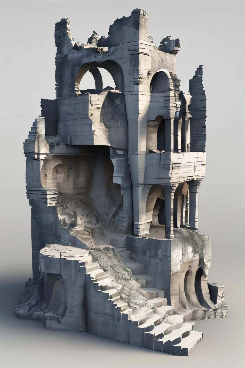   masterpiece  ,   Better quality,landscape,Sculpture,project,  Raymond Duchamp-Villon style , Collapse of a Celtic ruin ,  Create as if it were a full 3D prop rendering  ,   scene on a white background as a 3D rendering of a 3D game development concept reference