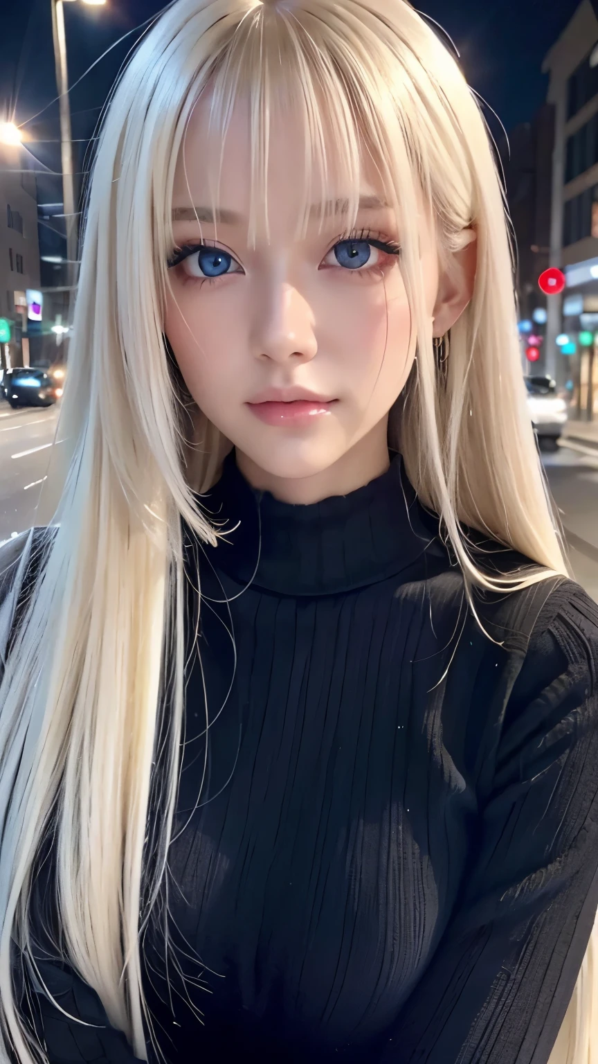 Platinum blonde silky hair、masterpiece、 top quality 、 high res、 high resの詳細写真、  professional writing 、(((Tops)))、Bang between the eyes、Hair above the eyes、片Hair above the eyes、、 strike a pose、 portrait、Bright expression、Like々white, Sparkling肌、Looks great、Blonde reflection、 shiny highlights on platinum blonde hair、Bright and shiny hair,、 long straight hair 、Beautiful shiny bangs、Sparkling、 clear 、 charming big blue eyes 、 very beautiful,  cute girl 、Bust of a Rich Man、(Black tight knitwear), Night Streetscape