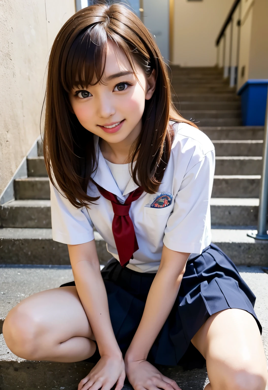 teens girl(​masterpiece:1.4)、(8K、realisitic、Raw photo、top-quality:1.4)、japanes、((Elementary school girl:1.3)), (1girl in)、beauitful face、(Real Face:1.4)、(Caramel hair、long:1.3)、Beautiful hairstyle、realisticeyes、Beautiful Detail Eye、(Real Skin:1.3)、Beautiful skin、enticing、超A high resolution、A hyper-realistic、high-detail、the golden ratio、High School Girl Uniform Skirt、Pubic area visible、sit on stairs、((Bend your knees and open your legs))、frontage