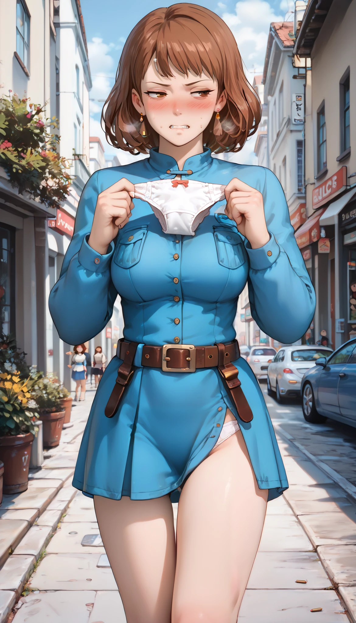 holding_panties, hldngpnts, panties, holding panties, heavy breathing, steam, upper body, hands up (fully clothed:1.5)(cleavage ,open shirts:0.9)(narrowed eyes:1.7) style style source_ anime anime_ coloring (Nausicaa,1girl,brown hair, medium hair, brown eyes, breasts, Nausicaa,1girl,brown hair, medium hair, brown eyes, breasts, earrings, (blue dress:1.3), chest bullet holder, long_ sleeves, belt, medium breasts) 4K Masterpiece Top Quality High Definition: super resolution super detailed, (standing:1.5)(inner thigh:1.6) (cowboy shot:1.5 ) throw(straight-on:1.5) (looking to side:1.2)(withdrawn face:1.1) (clenched teeth:1.3) (wavy mouth:1.2)(frown:1.0) (hate:1.3) (troubled eyebrows:1.2)( Next:1.5) (1girl) ,nose blush:1.1 (embarrassed,blush:1.6) (trembling:1.0) (feeling weak:1.3) ( Beautiful Eyes:1.1)