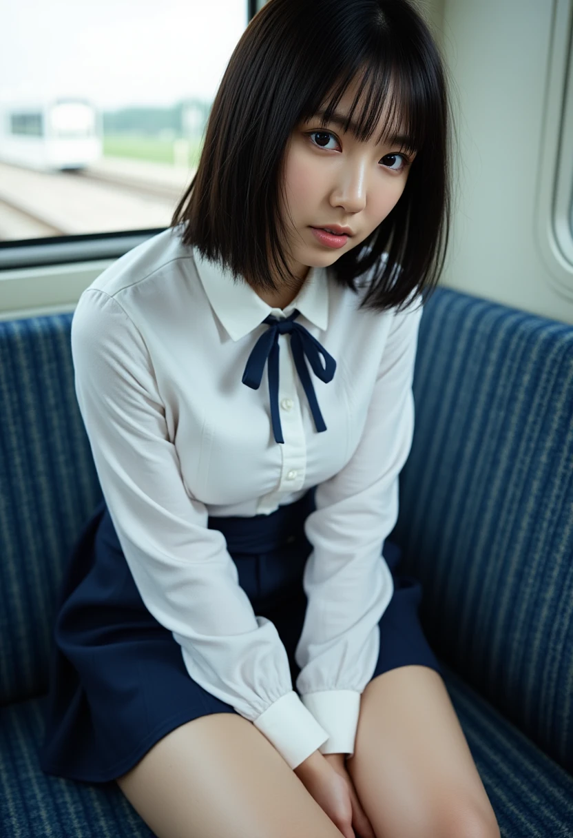 masterpiece, High resolution, Ultra High resolution, 4K, perfect hands,Black bob Hair, Japanese Girls, Navy blue Uniform skirt, White shirt, bow tie, Accentuate your thighs, White thighs, Soft thighs, Shiny thighs, Sitting on a train, Facing angle, Angle from below, Sitting on a train Seat, Sit in front, Zoom camera to hip joint, Put your feet on the train floor, whole body, Looking down and sleepy, Watch only viewers, Highest quality, Ultra High resolution, Realistic, High resolution, detailed, RAW Photos, sharp, Nikon Film Pictures, Images and Stock Photos, Rich lens color, Ultra-realistic and realistic texture, Dramatic lighting, Unreal Engine,((spread legs)))