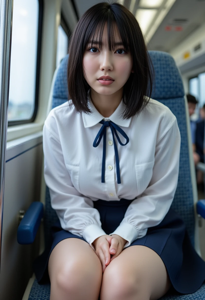 masterpiece, High resolution, Ultra High resolution, 4K, perfect hands,Black bob Hair, Japanese Girls, Navy blue Uniform skirt, White shirt, bow tie, Accentuate your thighs, White thighs, Soft thighs, Shiny thighs, Sitting on a train, Facing angle, Angle from below, Sitting on a train Seat, Sit in front, Zoom camera to hip joint, Put your feet on the train floor, whole body, Looking down and sleepy, Watch only viewers, Highest quality, Ultra High resolution, Realistic, High resolution, detailed, RAW Photos, sharp, Nikon Film Pictures, Images and Stock Photos, Rich lens color, Ultra-realistic and realistic texture, Dramatic lighting, Unreal Engine,((spread legs)))