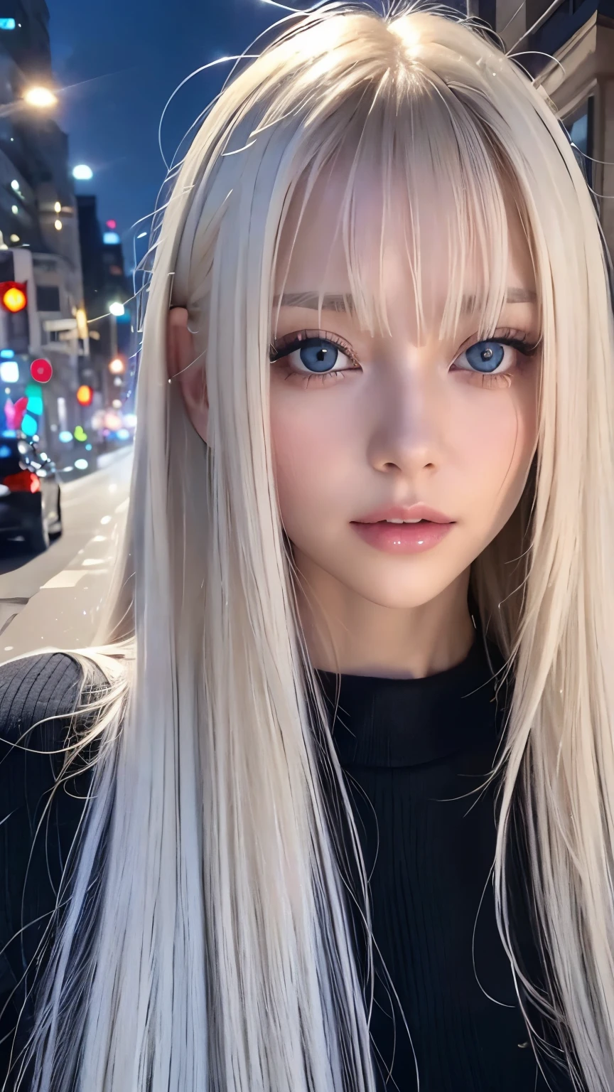 Platinum blonde silky hair、masterpiece、 top quality 、 high res、 high resの詳細写真、 professional writing 、(((Tops)))、Bang between the eyes、Hair above the eyes、片Hair above the eyes、、 strike a pose、 portrait、Bright expression、Like々white, Sparkling肌、Looks great、Blonde reflection、 shiny highlights on platinum blonde hair、Bright and shiny hair,、 long straight hair 、Beautiful shiny bangs、Sparkling、 clear 、 charming big blue eyes 、 very beautiful, cute girl 、Bust of a Rich Man、(Black tight knitwear), Night Streetscape