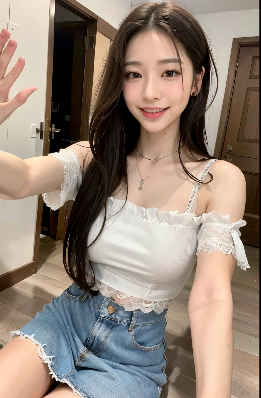 ((8k:1.27)、 top quality 、masterpiece、 super high res:1.2)Beautiful Chinese women photos (Comfortable:1.1) ((event companion bra with lace:1.21)) Exquisite Elegance Designed by Greg Rutkowski and Alphonse Mucha、 fantasy、 Details、geometry、Gradient lighting、 One Woman 、 delicate skin、 watch the audience 、 brown eyes、(Flaxen long hair:1.2)、( photorealistic:1.4)、( top quality :1.0)、( super high res:1.0)、(Hands-free:1.0)、8k、 RAW photos 、 (Representative Song: 0.2), ( pure Eros face _v1:0.5)、Lightweight short sleeves、(Full-time housewife)、(38 years old)、mischief、schedule、Stir、Eyes that look like they want something、Inviting gesture、Etching Lip、Shortcut、 the hair is long、((smile))、((Selfie))、((No seams)),(Teeth are visible),(Old-fashioned face), ((Curved waist)),(( legs open)),((side)),((( fat))),(( has big eyes)),((Long neck)),(( has a big nose)),((Her Room)),((My eyes are sluggish)),(((sideの下が見えている))),((Light makeup)),(( stage)),(((Neat blouse)))