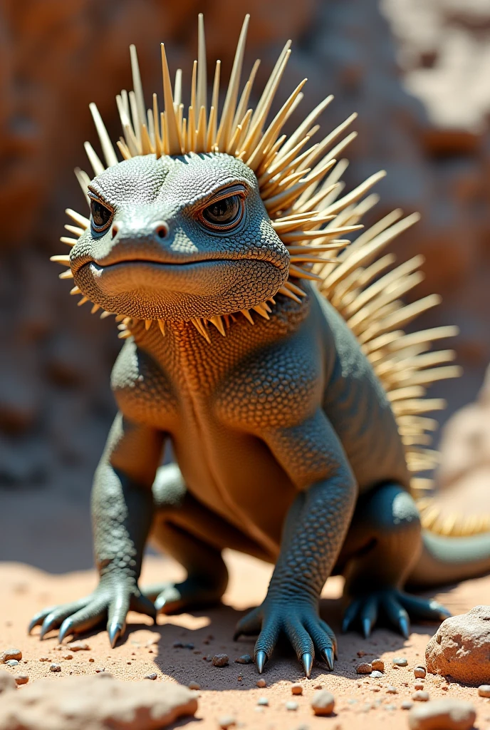 Large white lizard, with a short tail, with dark green eyes, head and neck in a circle covered with spikes, crawling on a rock