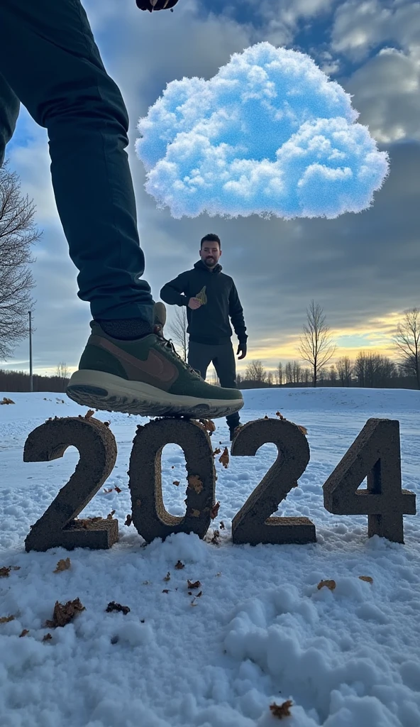 
“A hyper-realistic, cinematic winter scene with the focus on a dramatic close-up of a man’s foot crushing a large 3D number ‘2024’ made of earth, which cracks and shatters under the pressure. The man is standing front-facing, visible in the background with a determined and intense expression, his body slightly blurred to maintain the focus on the action of the foot. The atmosphere is dynamic, with debris flying outward to create a sense of motion. Above, the glowing 3D number ‘2025’ with a cloud-like texture floats in the sky, hinting at his ambition and resolve in the cold, crisp winter air.”