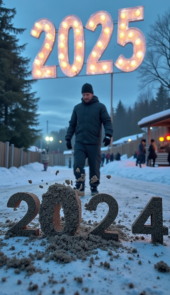 
“A hyper-realistic, cinematic winter scene with the focus on a dramatic close-up of a man’s foot crushing a large 3D number ‘2024’ made of earth, which cracks and shatters under the pressure. The man is standing front-facing, visible in the background with a determined and intense expression, his body slightly blurred to maintain the focus on the action of the foot. The atmosphere is dynamic, with debris flying outward to create a sense of motion. Above, the glowing 3D number ‘2025’ with a cloud-like texture floats in the sky, hinting at his ambition and resolve in the cold, crisp winter air.”