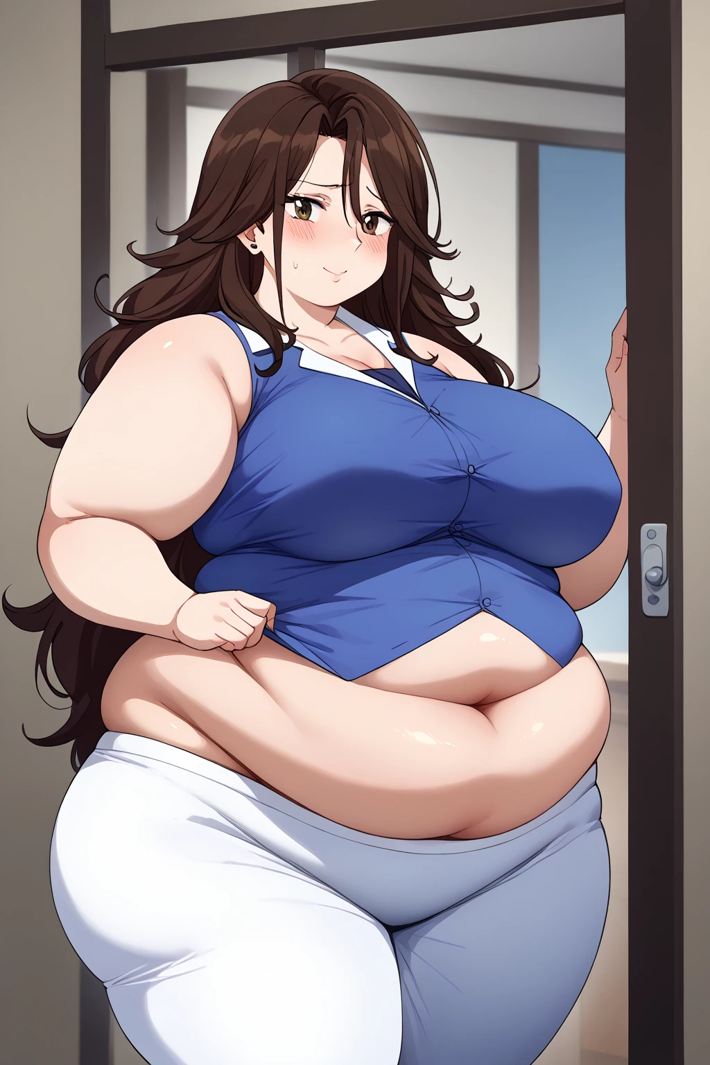  Sumeragi Lee Noriega ,  Sumeragi Lee Noriega ,blue shirt, sleeveless ,White trousers,Exposed navel,Obese middle-aged woman, troubled expression, embarrassing expression ,milf, chubby, score_9,  score_8_ up、 score_7_ up、 score_6_ up、 score_5_ up、 score_4_ up、 masterpieces at the front door of the house、 top quality , very aesthetic,  absurd、 source screen cap ,  one woman、Alone、 personal  、 brown eyes、 brown hair 、 long hair、Super huge breasts,  super huge clevis、Super huge, Super huge boob,Curvy、 wide hips、 