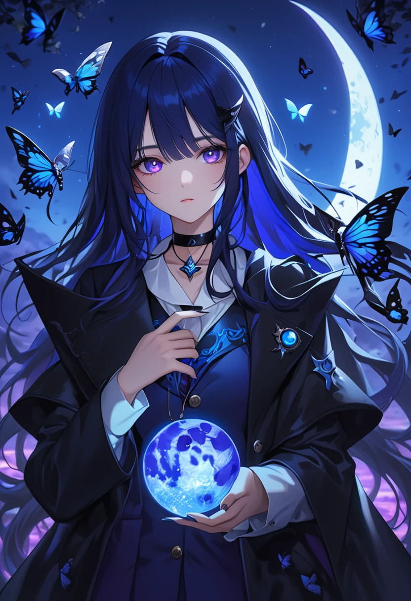 1girl, long dark blue hair with sky blue highlights, glowing purple mystic eye, right hand posing hand pistol, black coat with blue frame pattern, white plain shirt, moon choker, butterflies surrounding her, dark fantasy, dramatic lighting, cinematic, highly detailed, intricate, digital painting, artstation, concept art, sharp focus, ultra-detailed, photorealistic, masterpiece, 8k