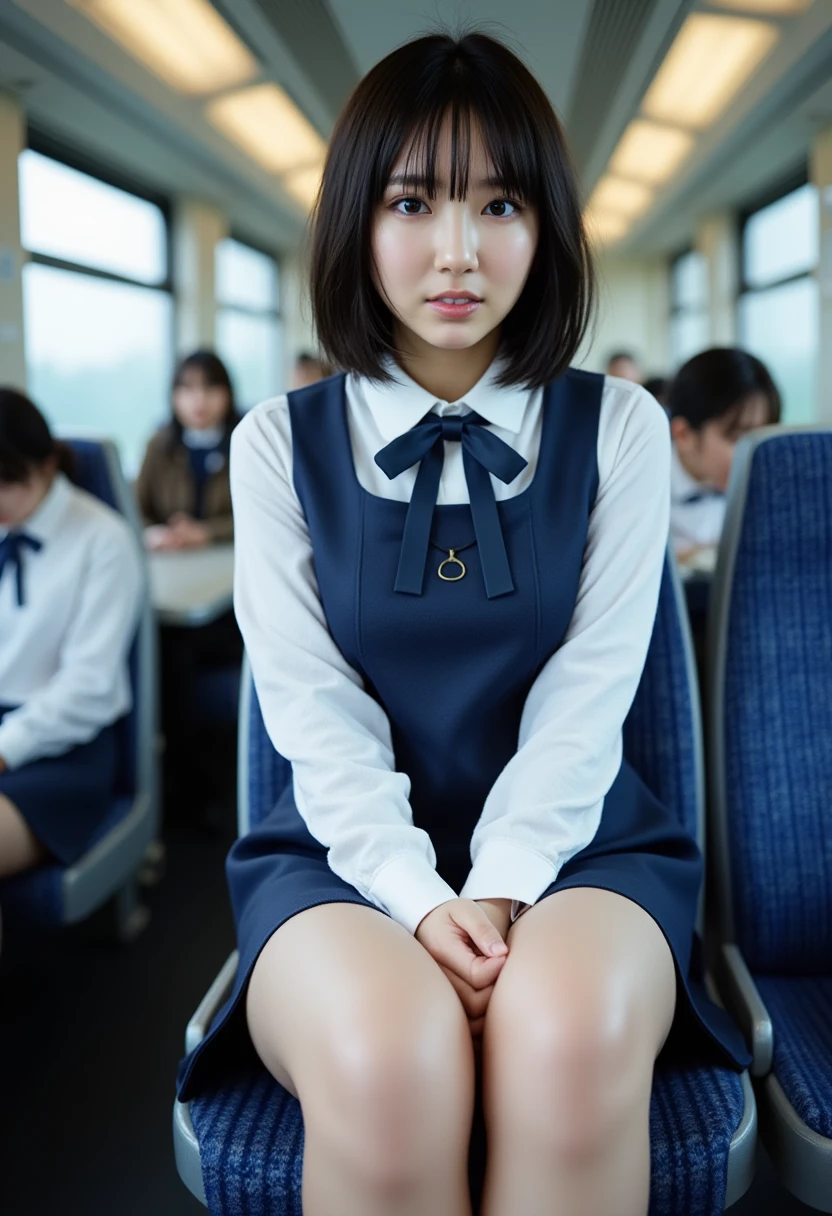 masterpiece, High resolution, Ultra High resolution, 4K, perfect hands,Black bob Hair, Japanese Girls, Navy blue Uniform skirt, White shirt, bow tie, Accentuate your thighs, White thighs, Soft thighs, Shiny thighs, Sitting on a train, Facing angle, Angle from below, Sitting on a train Seat, Sit in front, Zoom camera to hip joint, Put your feet on the train floor, whole body, Looking down and sleepy, Watch only viewers, Highest quality, Ultra High resolution, Realistic, High resolution, detailed, RAW Photos, sharp, Nikon Film Pictures, Images and Stock Photos, Rich lens color, Ultra-realistic and realistic texture, Dramatic lighting, Unreal Engine,((spread legs:1.5)))