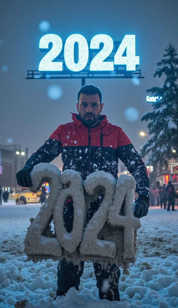 
“A hyper-realistic, cinematic winter scene with the focus on a dramatic close-up of a man’s foot crushing a large 3D number ‘2024’ made of earth, which cracks and shatters under the pressure. The man is standing front-facing, visible in the background with a determined and intense expression, his body slightly blurred to maintain the focus on the action of the foot. The atmosphere is dynamic, with debris flying outward to create a sense of motion. Above, the glowing 3D number ‘2025’ with a cloud-like texture floats in the sky, hinting at his ambition and resolve in the cold, crisp winter air.”