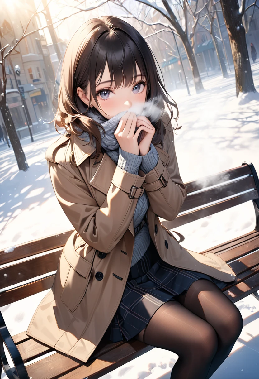girl, solo, masterpiece, best quality, 8k, high resolution, sit,Minami Kotori、Brown hair、(Brown Eye Degree:1.5)、One side up、Hair Ribbon、bow ribbon、long、rown coat, scarf, kneehighs, blank eyes, inexpressive face, park, waiting, bench, snow, snowing, tree, nature,