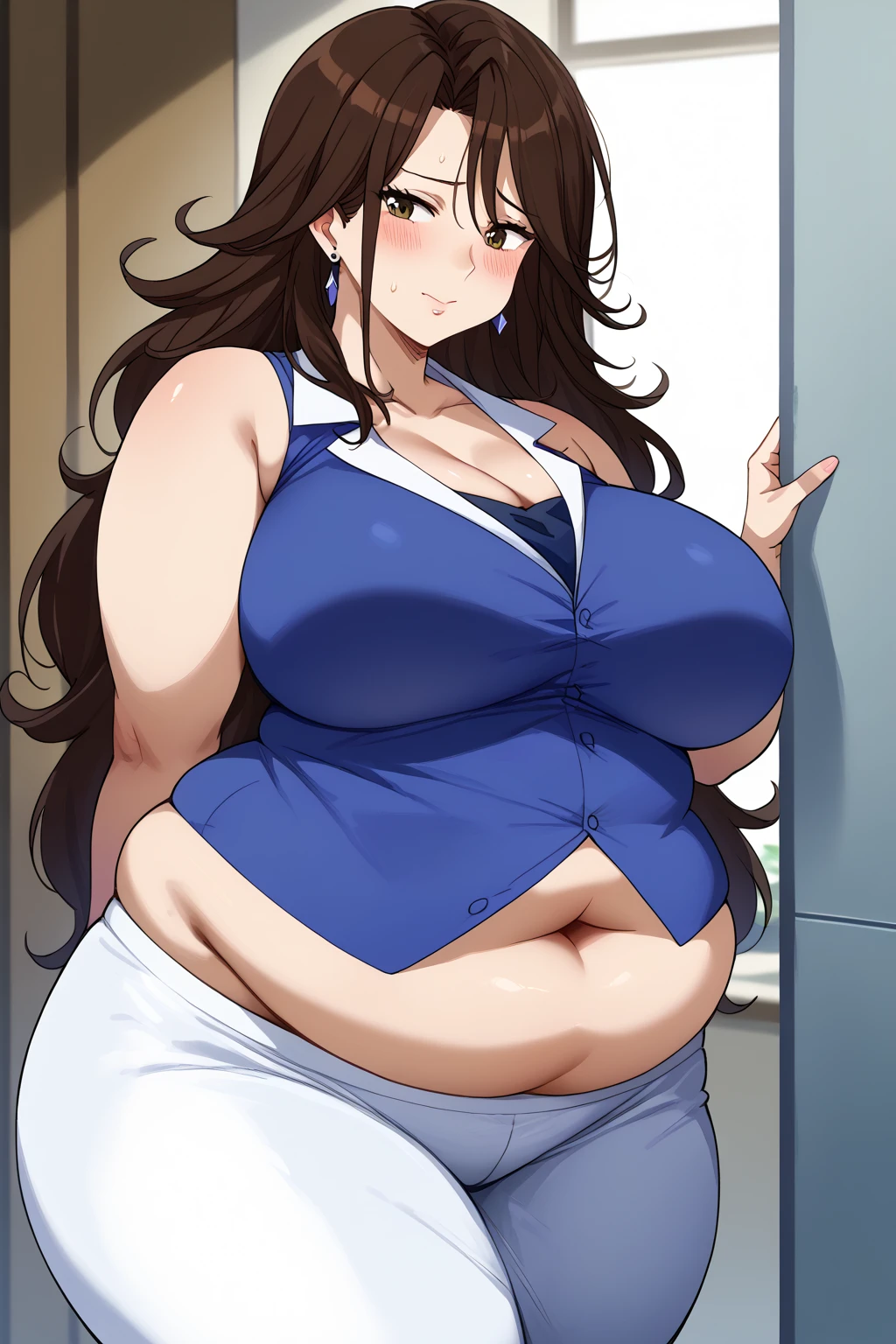  Sumeragi Lee Noriega ,  Sumeragi Lee Noriega ,blue shirt, sleeveless ,White trousers,Exposed navel,Obese middle-aged woman, troubled expression, embarrassing expression ,milf, chubby, score_9,  score_8_ up、 score_7_ up、 score_6_ up、 score_5_ up、 score_4_ up、 masterpieces at the front door of the house、 top quality , very aesthetic,  absurd、 source screen cap ,  one woman、Alone、 personal  、 brown eyes、 brown hair 、 long hair、Super huge breasts,  super huge clevis、Super huge, Super huge boob,Curvy、 wide hips、 