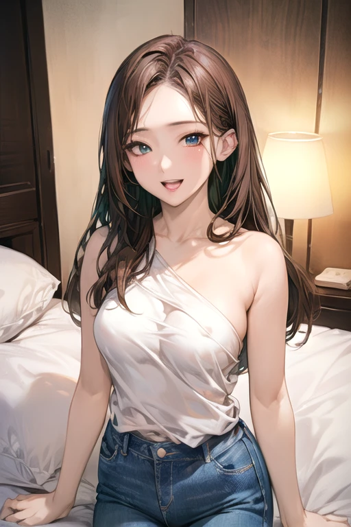 (((nude))),naked, nipples, Very detailed、highest quality、Best image quality、masterpiece、8k、Anime Face、A kind smile、Open Mouth、((brown middle hair:1.5))、big breast, sexy、 beautiful body 、Cowboy Shot, Sexual Intercourse, ((mint eyes)), hotel bedroom, ((( Jeans)))